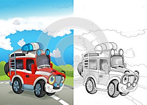 Cartoon scene with happy fireman off road car on the road with coloring page