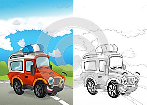 Cartoon scene with happy fireman off road car on the road with coloring page