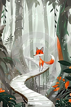 cartoon scene with happy fox in the forest - illustration for children.