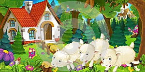 Cartoon scene with happy and funny sheep near farm house in the forest