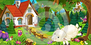Cartoon scene with happy and funny sheep running and jumping near farm house in the forest