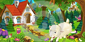 Cartoon scene with happy and funny sheep running and jumping near farm house in the forest