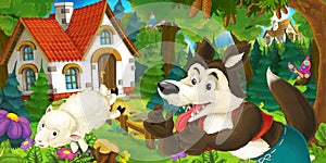 Cartoon scene with happy and funny sheep running jumping near farm house and wolf is looking in the forest