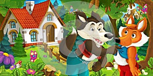 Cartoon scene with happy and funny sheep running jumping near farm house and wolf is looking at fox in the forest