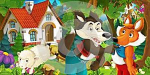 Cartoon scene with happy and funny sheep running jumping near farm house and wolf is looking at fox in the forest