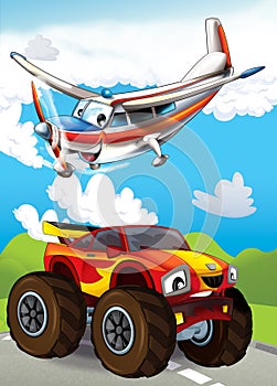 Cartoon scene with happy and funny sports car and plane illustration for children