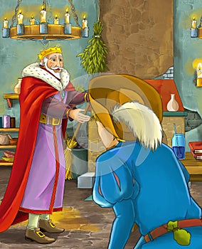 Cartoon scene with happy king talking to some messanger or prince