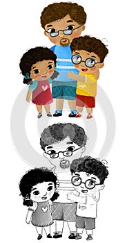 cartoon scene with happy loving family father children son and dauhter on white background illustration for children