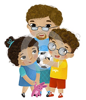 cartoon scene with happy loving family father and daughter on white background illustration for children