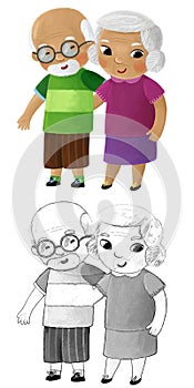 cartoon scene with happy loving family grandmother grandma grandfather grandpa husband wife on white background illustration for