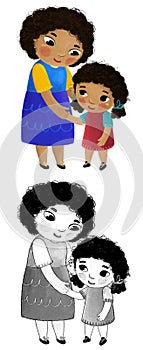 cartoon scene with happy loving family mother and daughter on white background illustration for children