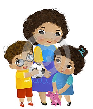 cartoon scene with happy loving family mother son and daughter on white background illustration for children