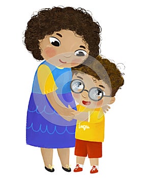 cartoon scene with happy loving family mother and son on white background illustration for children