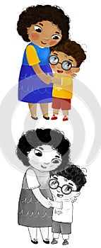 cartoon scene with happy loving family mother and son on white background illustration for children