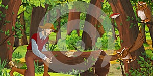 Cartoon scene with happy man farmer in the forest encountering pair of owls flying