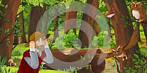 Cartoon scene with happy man farmer in the forest encountering pair of owls flying