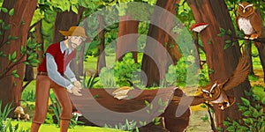 Cartoon scene with happy man farmer in the forest encountering pair of owls flying