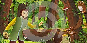 Cartoon scene with happy man farmer in the forest encountering pair of owls flying