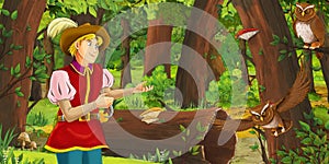 Cartoon scene with happy man farmer in the forest encountering pair of owls flying
