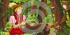 Cartoon scene with happy man farmer in the forest encountering pair of owls flying