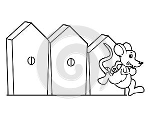 Cartoon scene with happy mouse running near wooden fence on white background - vector coloring page