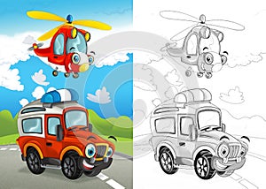 Cartoon scene with happy off road car on the road and helicopter flying with coloring page