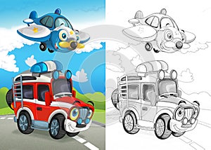 Cartoon scene with happy off road car on the road and plane flying with coloring page