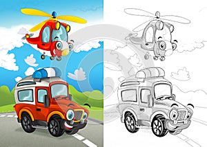 Cartoon scene with happy off road car on the road and plane helicopter with coloring page