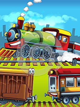 Cartoon scene of happy trains on tracks