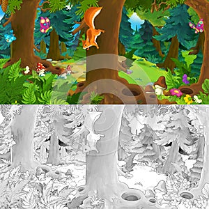 Cartoon scene with happy wild squirrel rodent in the forest - illustration