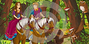 Cartoon scene with happy young boy prince and girl princess riding on horse in the forest encountering pair of owls flying