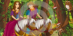 Cartoon scene with happy young boy prince and girl princess riding on horse in the forest encountering pair of owls flying