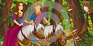 Cartoon scene with happy young boy prince and girl princess riding on horse in the forest encountering pair of owls flying
