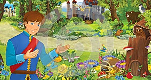 Cartoon scene with happy young boy prince riding on horse in the forest encountering two castles - illustration for children