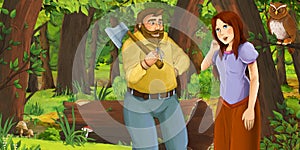 Cartoon scene with happy young girl princess and man lumberjack or hunter in the forest encountering pair of owls flying