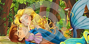 Cartoon scene with happy young girl princess mermaid rescuing boy prince near the forest and pair of owls flying