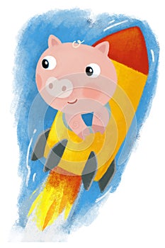 cartoon scene with happy young pig hog flying on the rocket to the moon looking at the stars illustration for children
