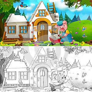 Cartoon scene of hard working pig - building a house - with coloring page