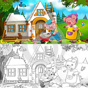 Cartoon scene of hard working pig - son is talking to mother while building a house - with coloring page