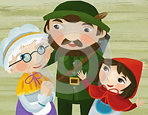 Cartoon scene with hunter and family illustration for children