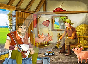 Cartoon scene with hunter and farmer rancher in the barn pigsty illustration for children