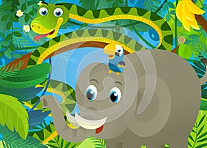 cartoon scene with jungle animals being together snake elephant and other illustration for children