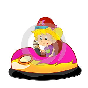 cartoon scene with kid girl driving funfair colorful bumper car isolated illustration for children