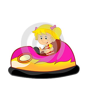 cartoon scene with kid girl driving funfair colorful bumper car isolated illustration for children