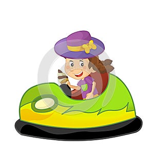 cartoon scene with kid girl driving funfair colorful bumper car isolated illustration for children