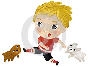 cartoon scene with kid playing running sport ball soccer football - illustration for children