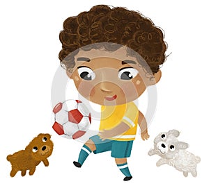 cartoon scene with kid playing running sport ball soccer football - illustration for children