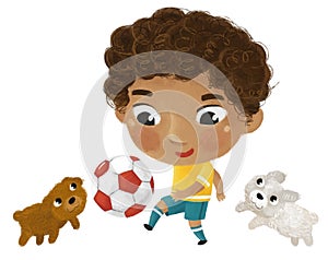 cartoon scene with kid playing running sport ball soccer football - illustration for children