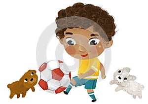 cartoon scene with kid playing running sport ball soccer football - illustration for children