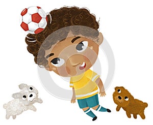 cartoon scene with kid playing running sport ball soccer football - illustration for children